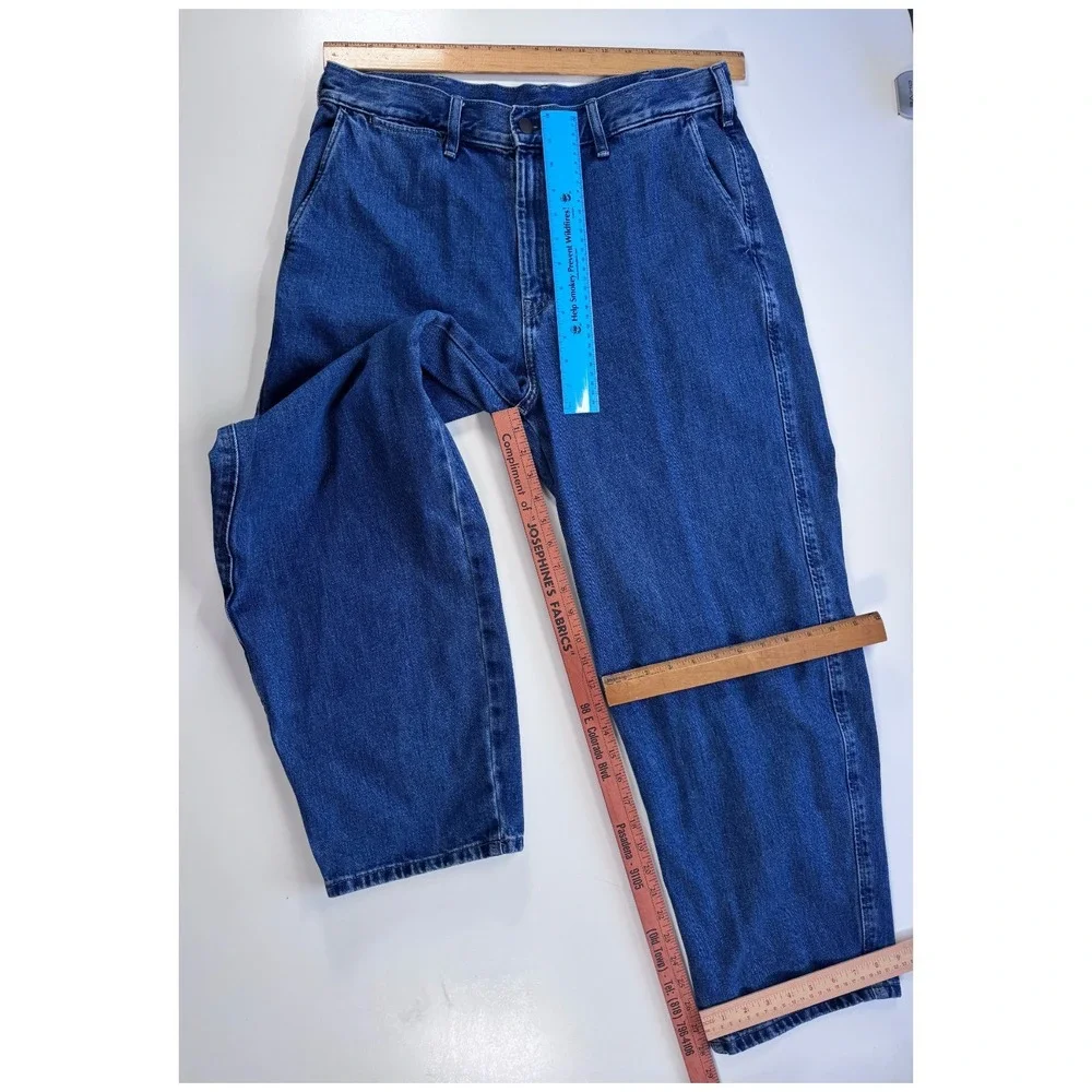 UNIQLO Wide Baggy Tapered Jeans Denim Unisex Large Slash Pockets Loose Blue